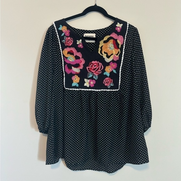 Savanna Jane Black Polka dot Embroidered Floral Bohemian Plus Top Blouse Size 3X - Picture 3 of 8